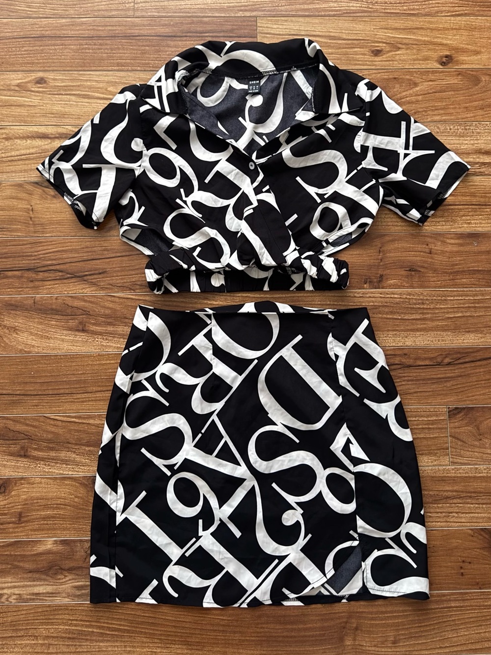 SHEIN Black & White Letter Print Crop Top & Skirt Set – Size Medium